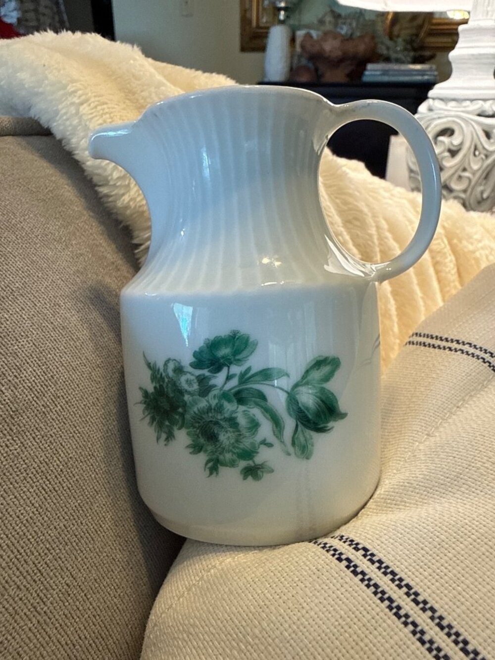 Vintage Kaiser W Germany Porcelain Floral Creamer Pitcher 4” Green Botanical